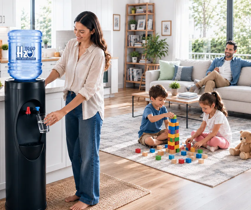 Family enjoying H2O to Go water delivery at home
